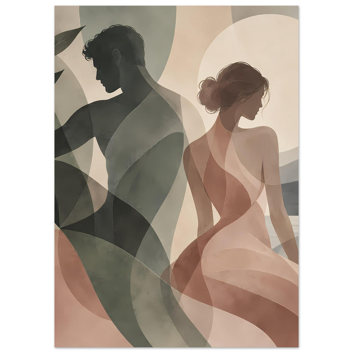 Abstraktes Liebesposter: zwei Frauen-Silhouetten in Erdtönen mit großen Kreisflächen