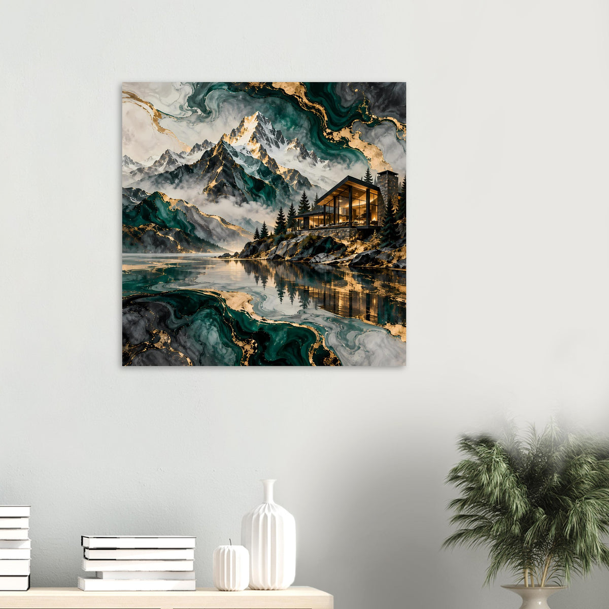 Naturblick-Poster (klein): Berglandschaft mit reflektierendem See und golden beleuchtetem Haus