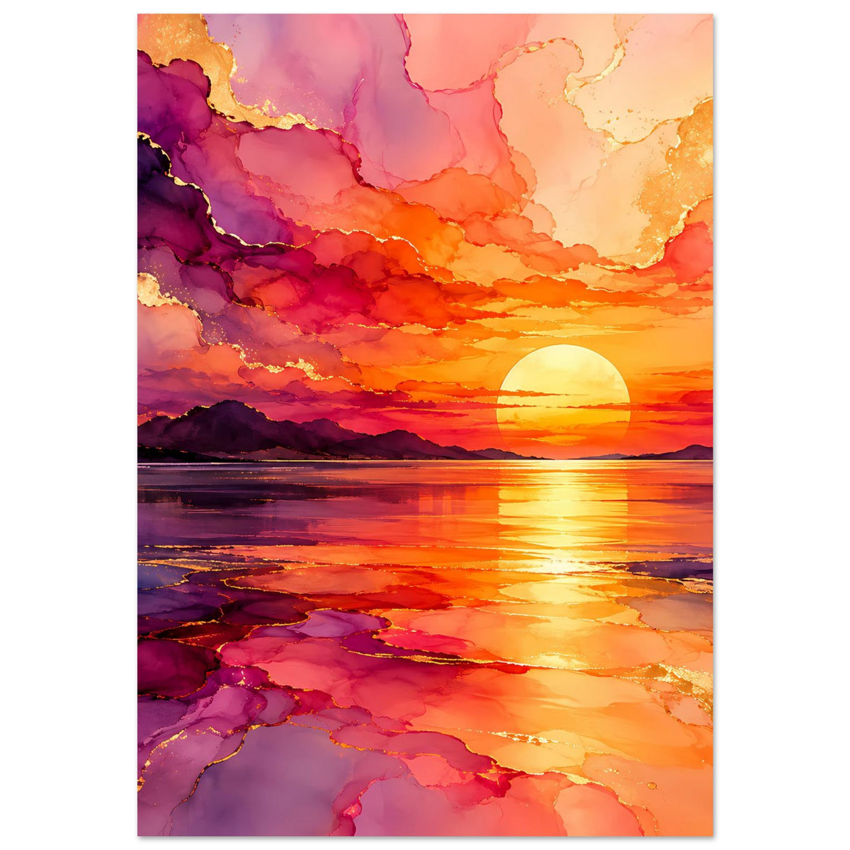 Poster: leuchtender Sonnenuntergang in Lila und Orange, Spiegelung auf ruhigem Wasser