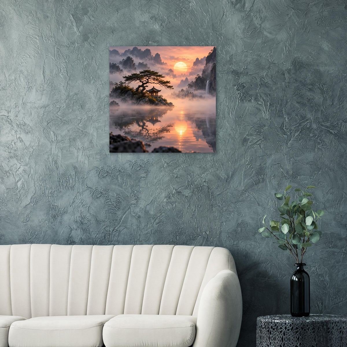 Wandposter mit asiatischer Abendlandschaft: Pagode, Baum, Nebel und Sonnenreflexion im Wasser