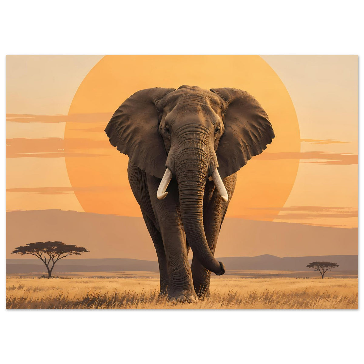 Matte Poster mit Elefant im Vordergrund, orange Himmelstimmung und großem Sonnenkreis