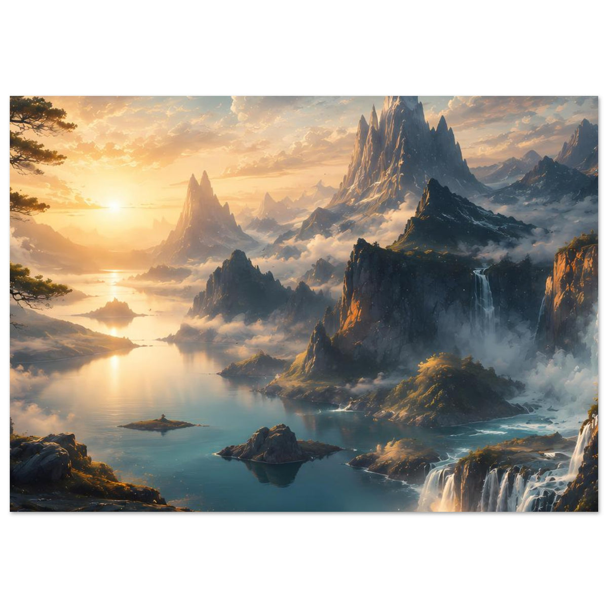 Poster mit Bergspitzen, Wasserfall rechts unten und spiegelndem See im warmen Licht
