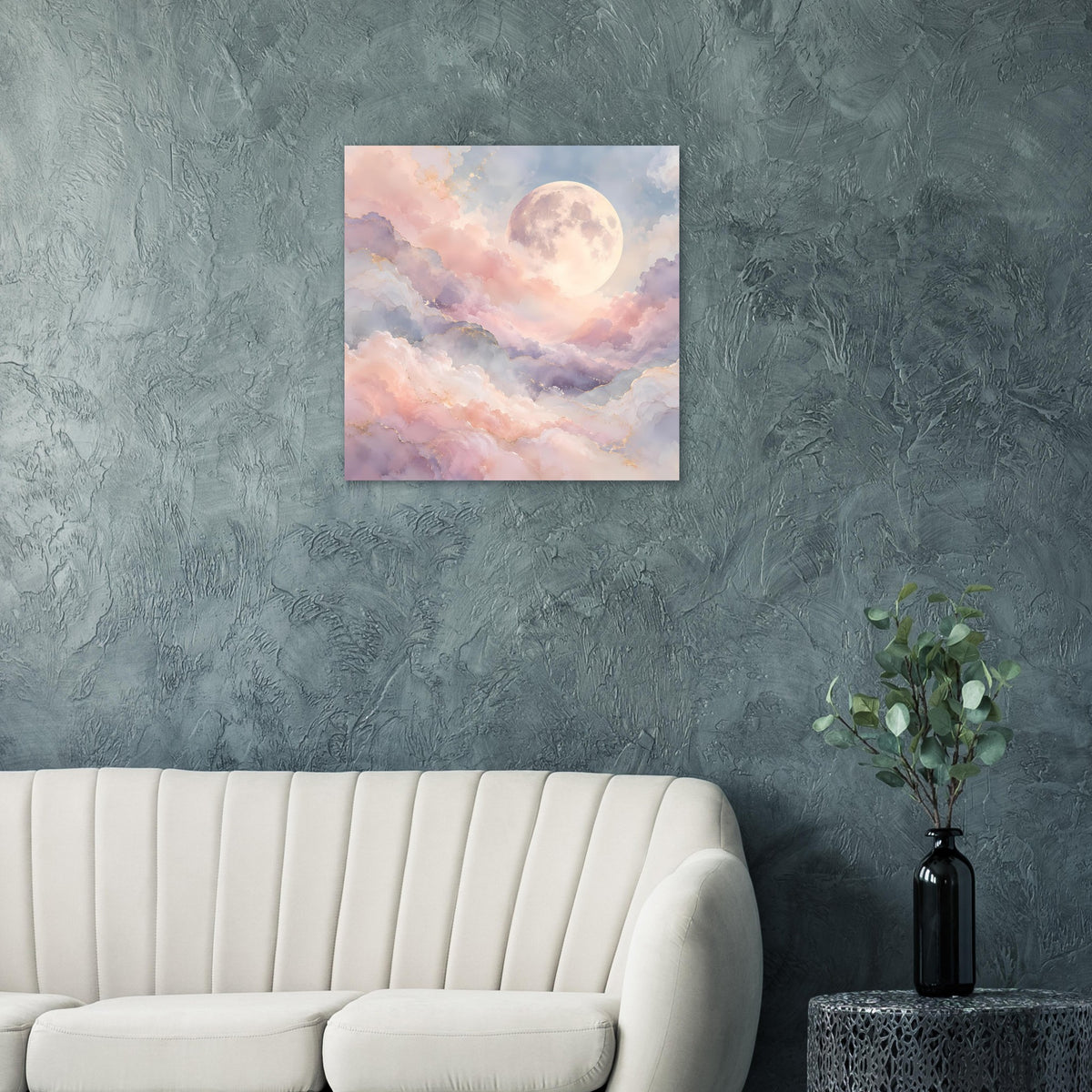 Pastellmond-Wolkenposter, quadratisch, zartes Rosa, Blau und Violett im Himmel