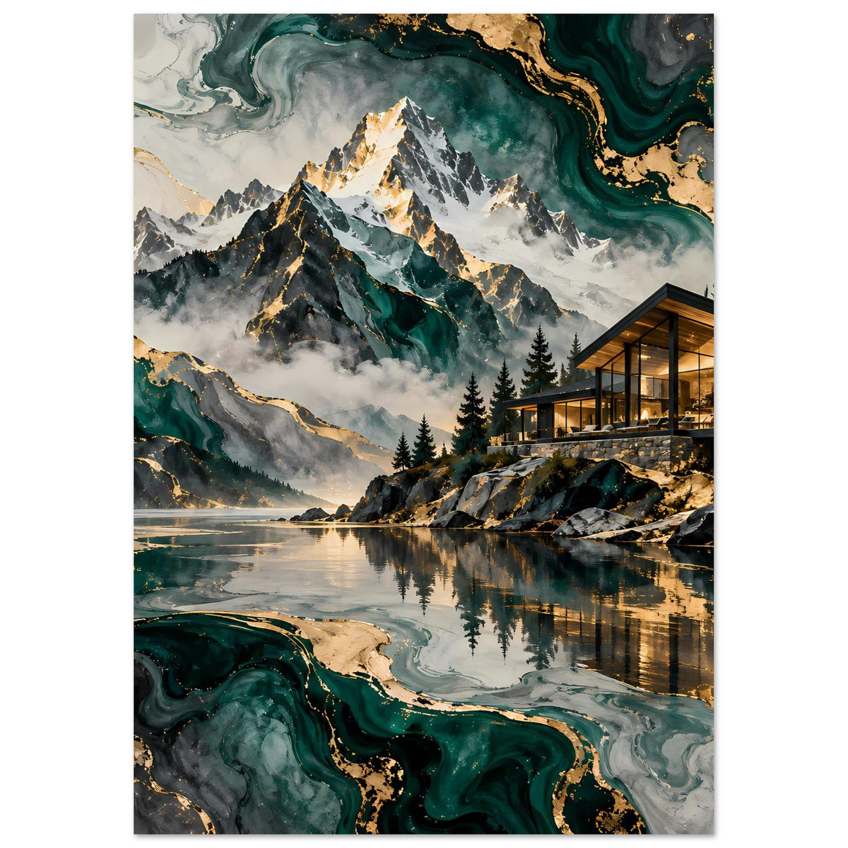 Poster mit Bergsee und Gebäude mit warmem Licht, grüne Adern und goldene Linien