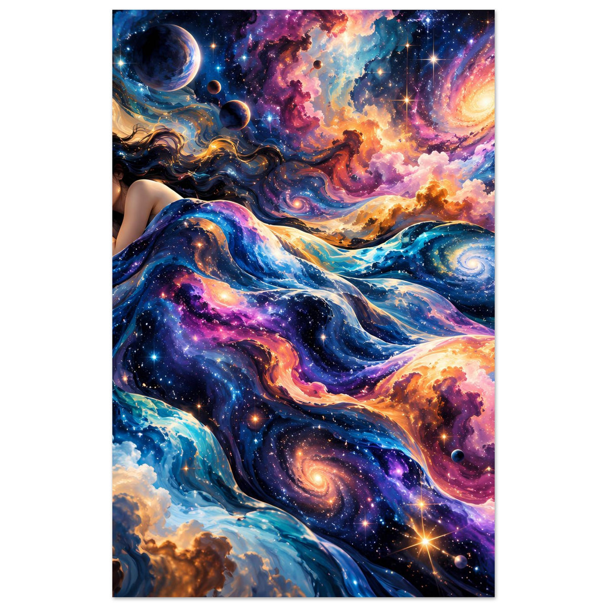 Galaxie-Poster im Hochformat: liegende Frau, blau-violette Weltraumnebel und Sterne.