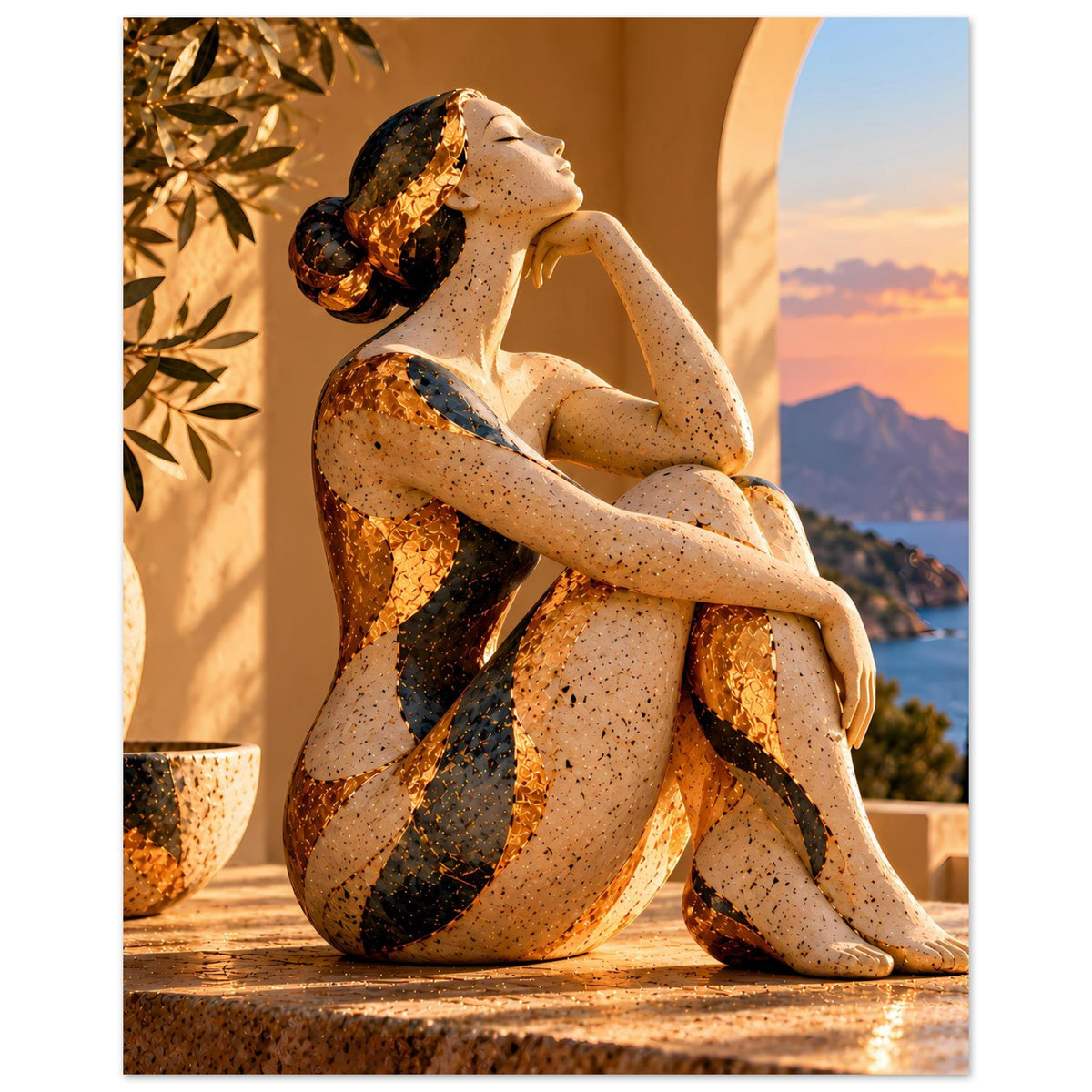 Kunstposter mit sitzender Aktfigur in Steinoptik, seitlicher Blick auf Küste