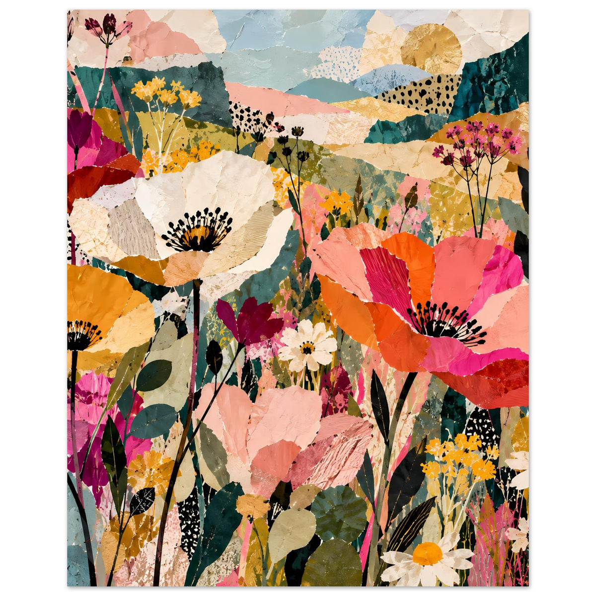 Buntes Blumen-Kollageposter, vertikale Ausrichtung mit abstrakten Blüten und Blättern