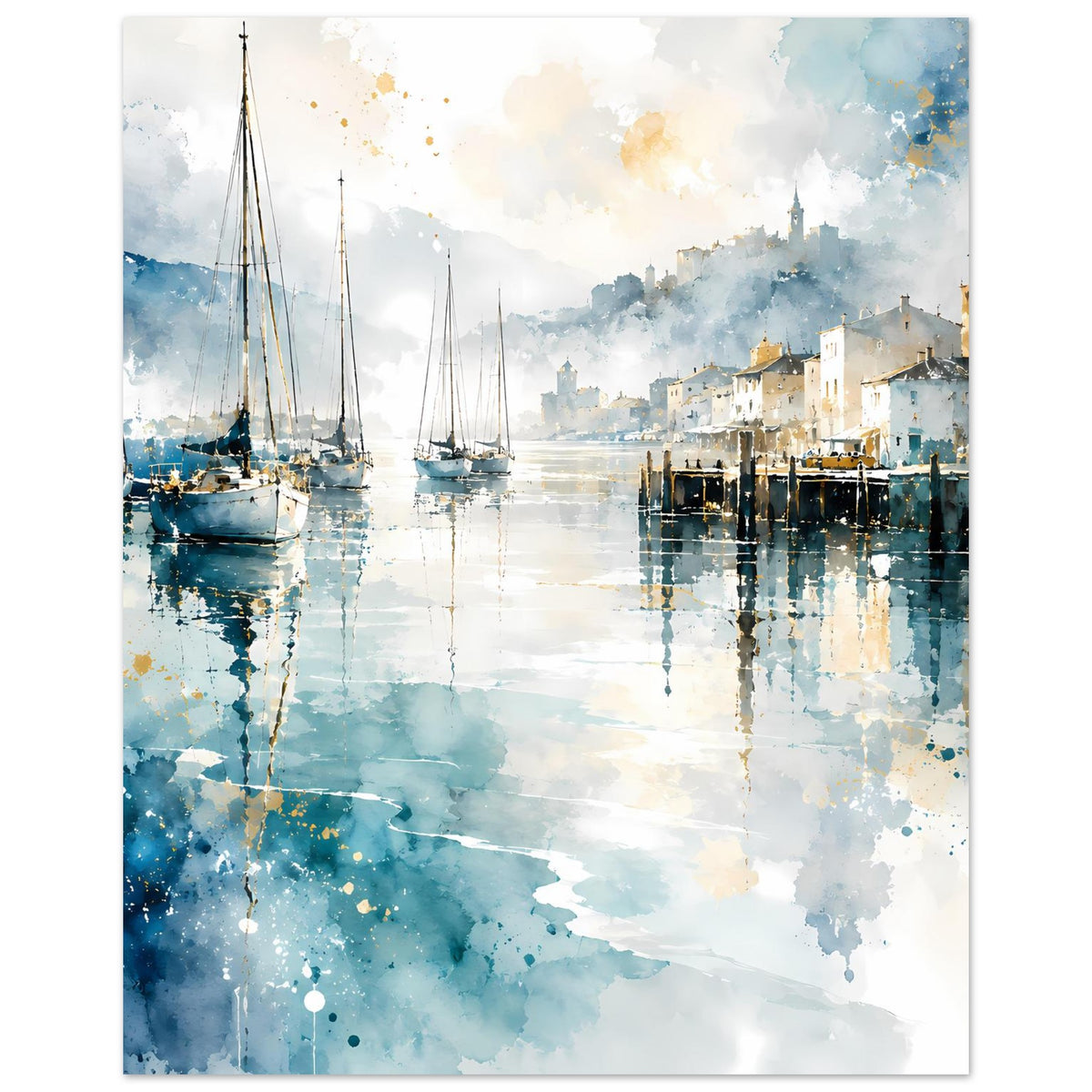 Aquarell-Poster: Segelboote im Hafen, blaue Farbflächen und reflektiertes Wasser