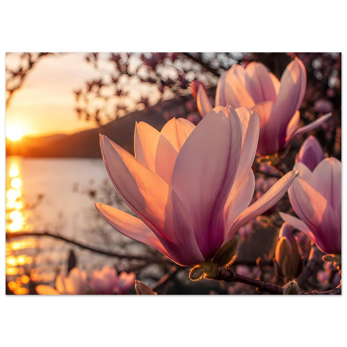 Magnolienblüten-Poster: einzelne große Blüte in lila und orangefarben, Ast im Vordergrund