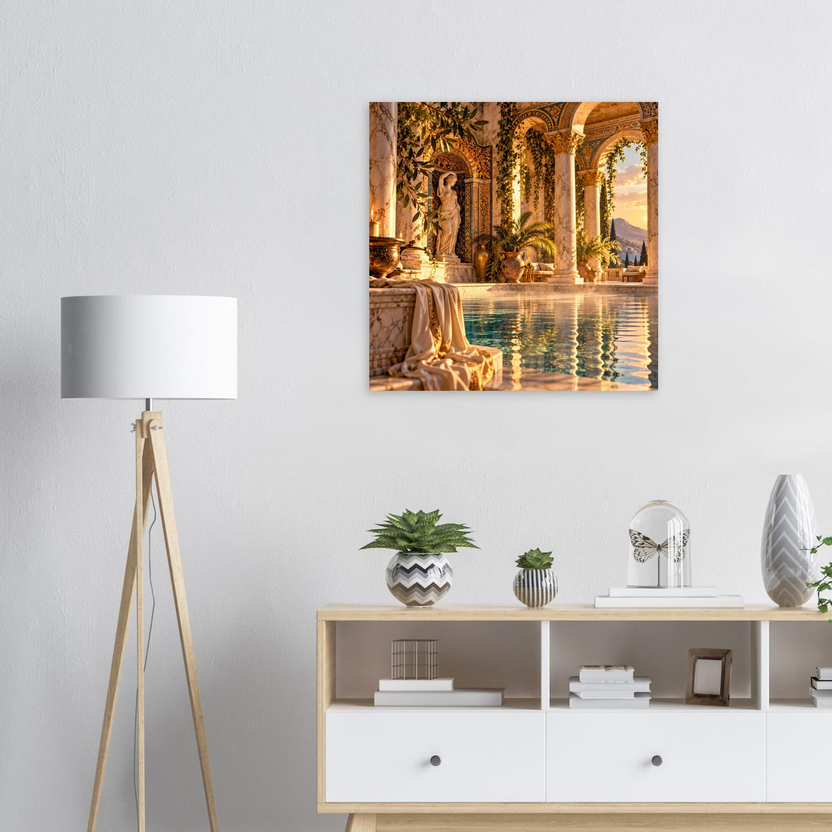 Wandposter mit mediterraner Säulenhalle und spiegelndem Wasser