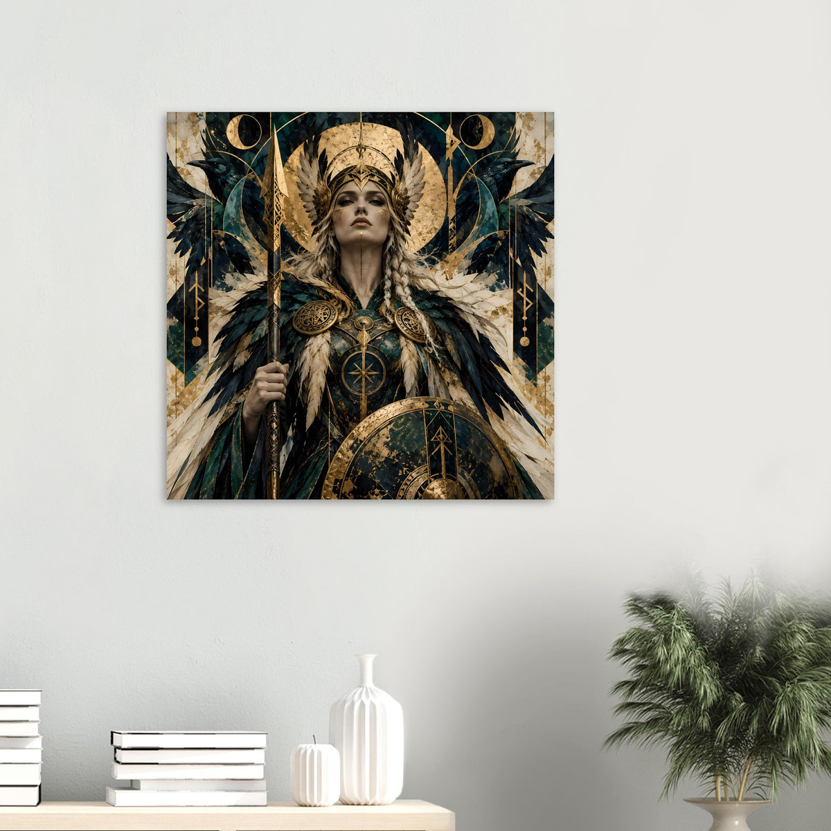 Kleines Wikinger-Kriegerinnen-Poster in Petrol und Gold, mit Helm, Flügeln und Emblem