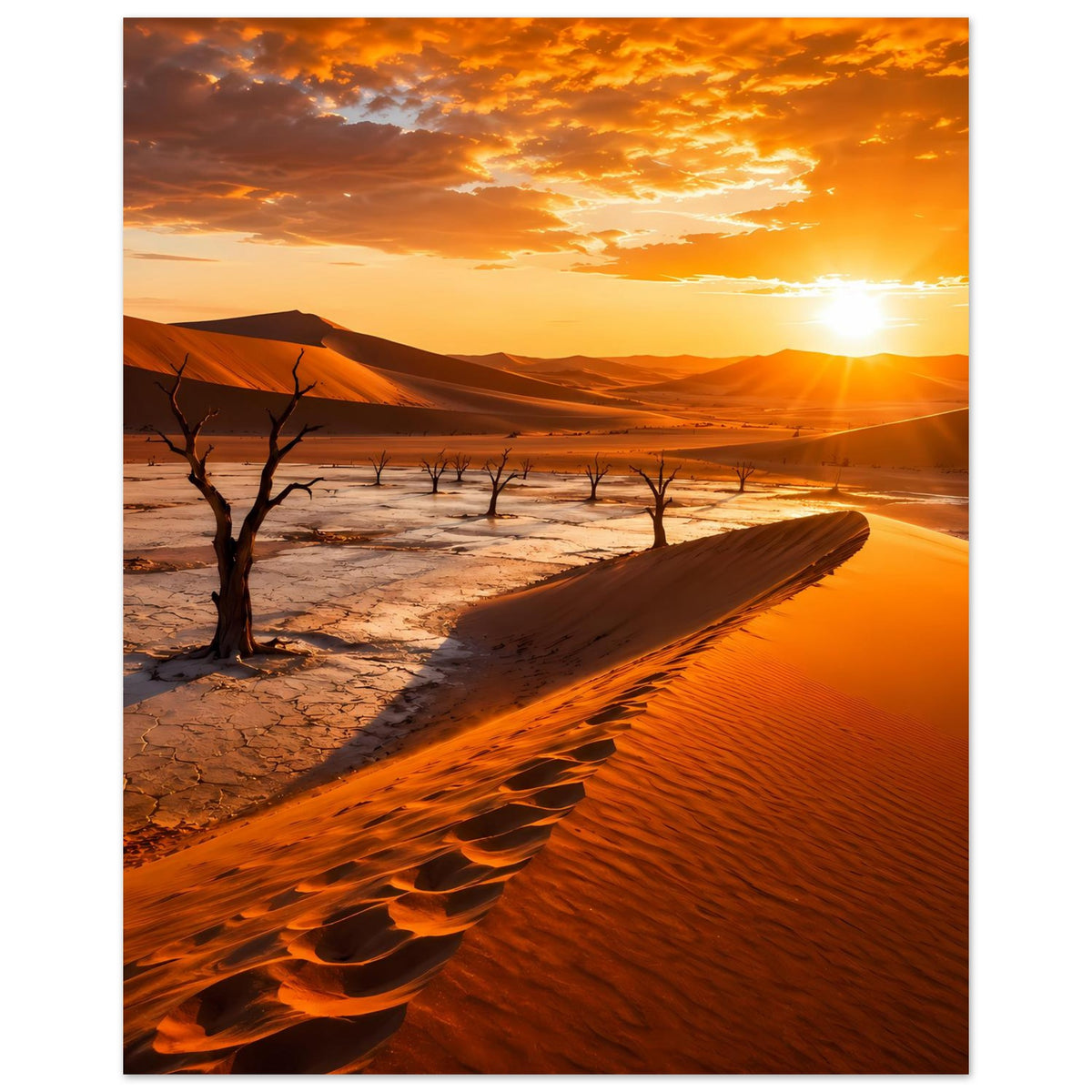 Poster im Hochformat: helles Sonnenauge über Dünen, trockener Boden und kahle Bäume