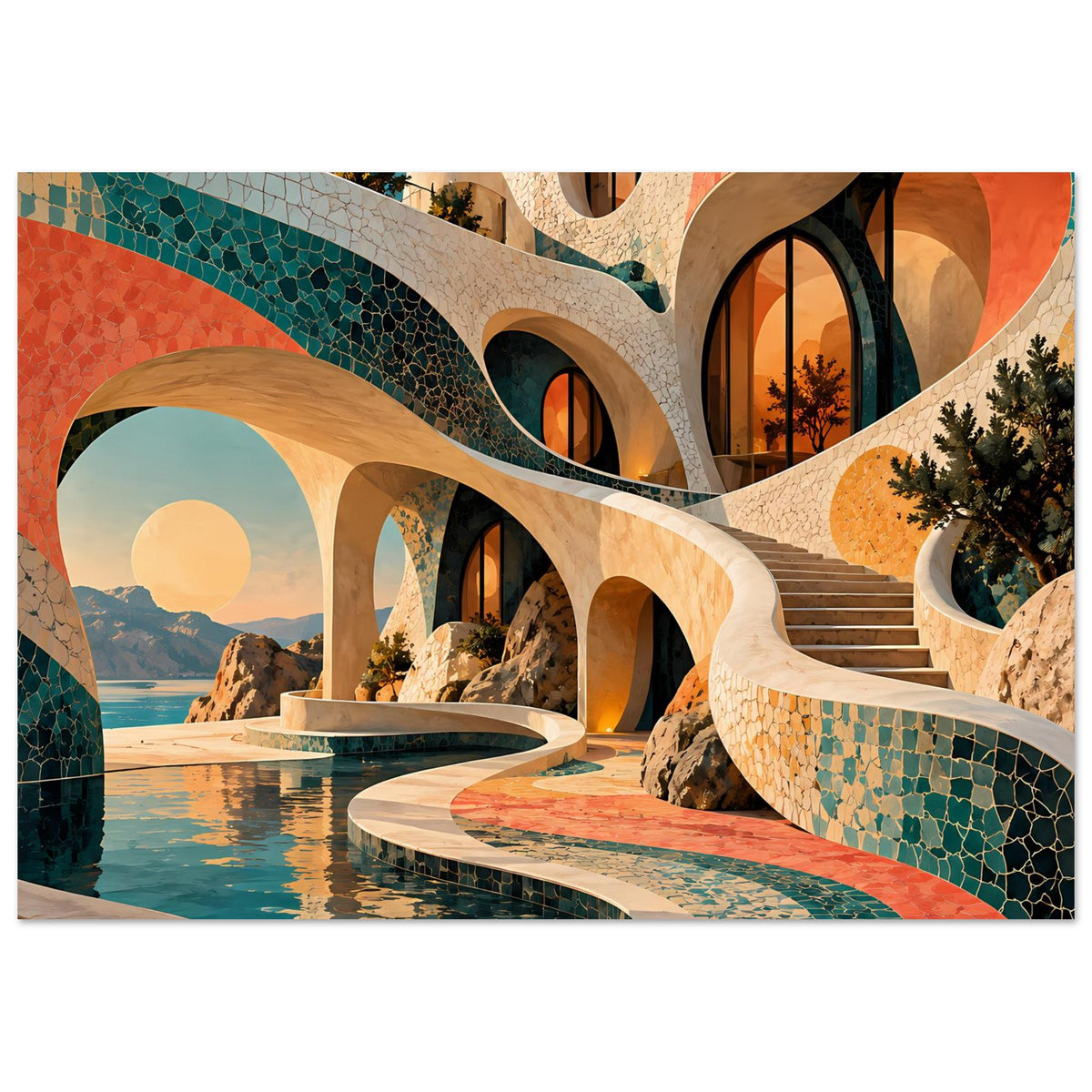 Kunstposter mit Mosaik-Rundbögen in Türkis und Koralle, Pool und Terrasse