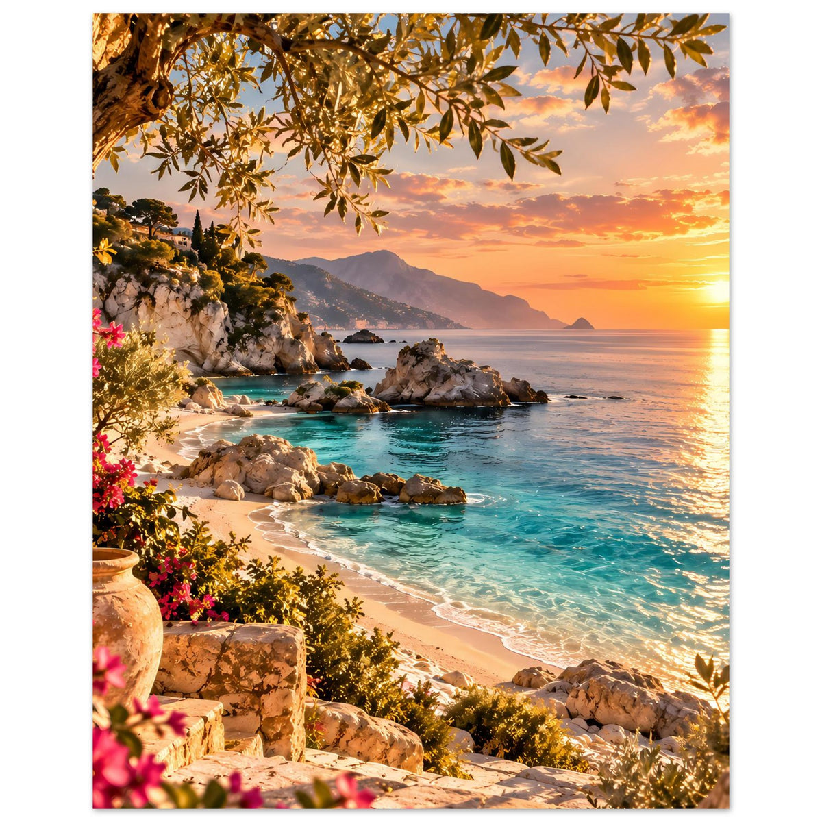 Vertikales Strandposter mit Sonnenuntergang: Blätter oben, türkisblaues Meer, Felsen