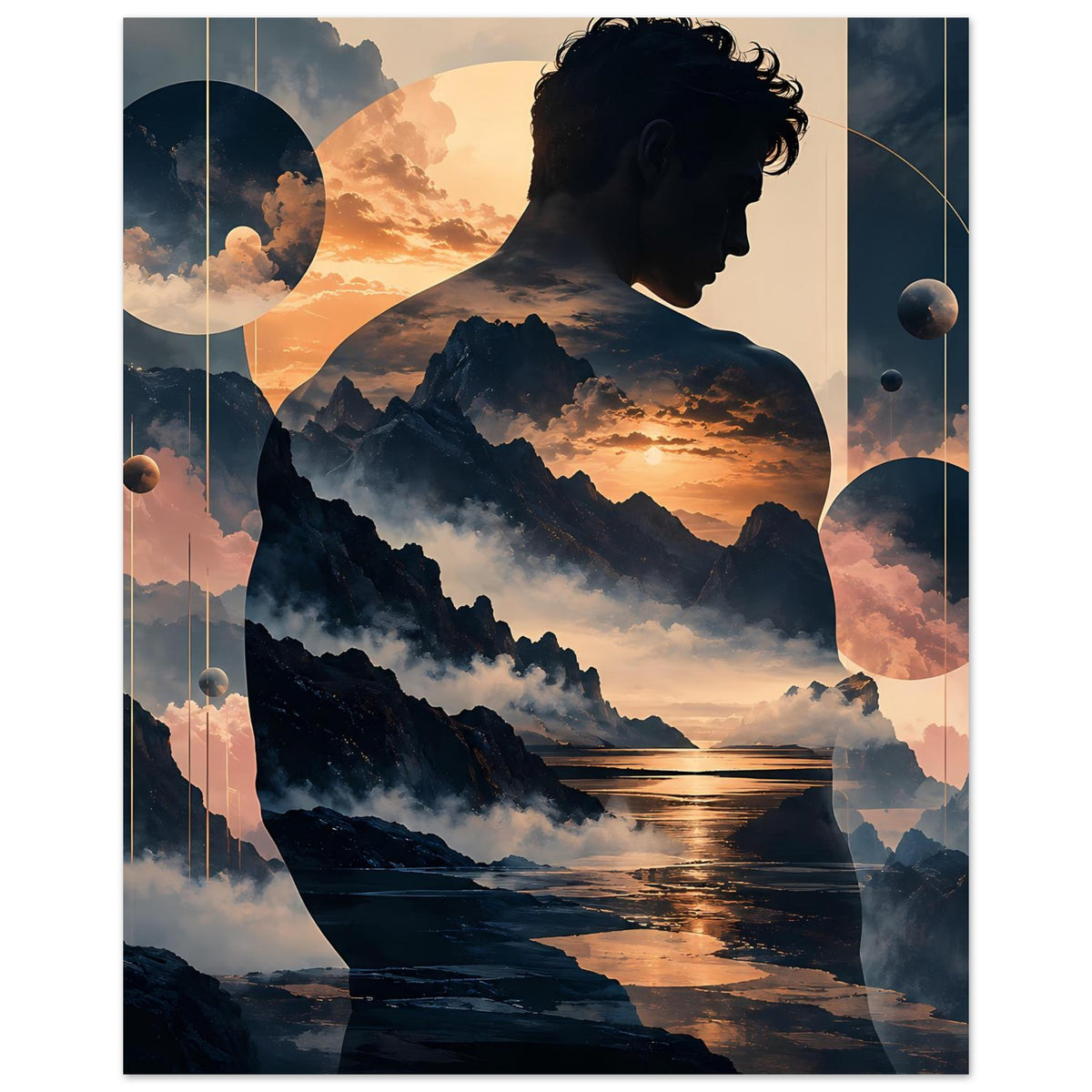 Surreales Poster: Bergtal mit Sonnenuntergang, Profil der Silhouette und schwebende Kugeln