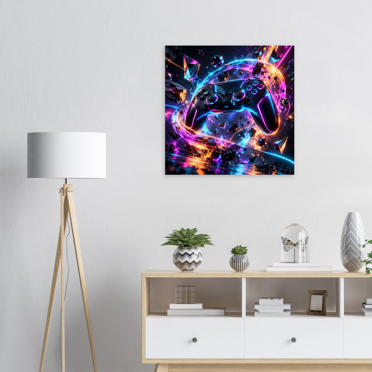 Poster mit futuristischem Gaming-Controller, leuchtende Neonfarben und Funken