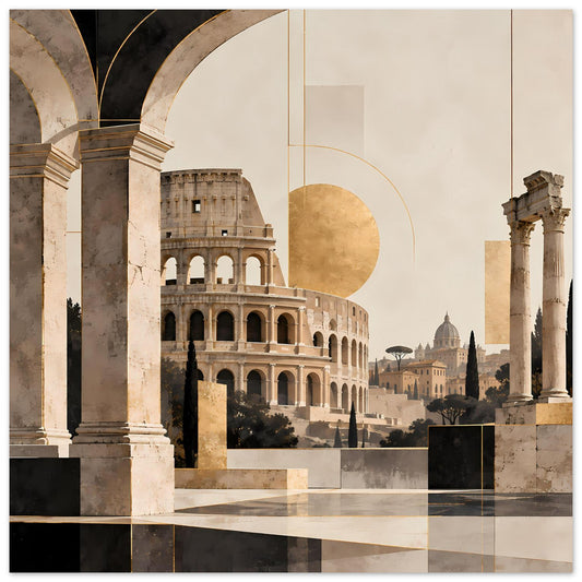 Poster mit römischem Architekturmotiv: Kolosseum und Säulen, goldene Halbsonne, Beige und Braun
