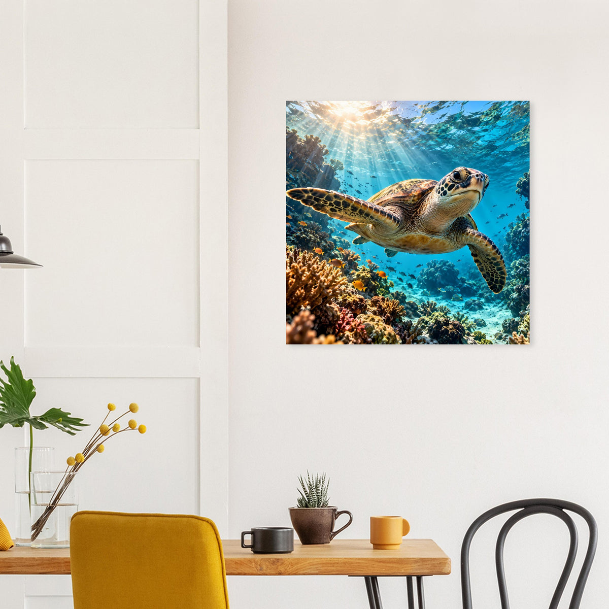 Quadratisches Poster zeigt Meeresschildkröte über dem Korallenriff, leuchtende Wasserfarben