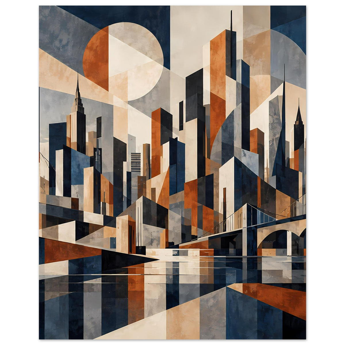 Poster mit geometrischer Stadtsilhouette in Marineblau und Rostrot, mit Brückenbogen unten