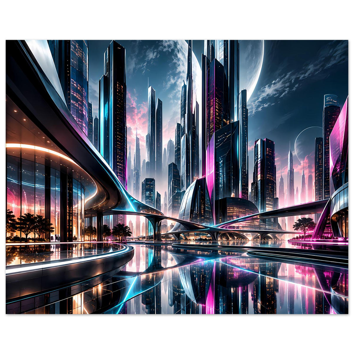 Neon-Stadt-Skyline-Poster: Skyline mit Neonkanten, Bahn-/Straßenwegen und nächtlichem Himmel