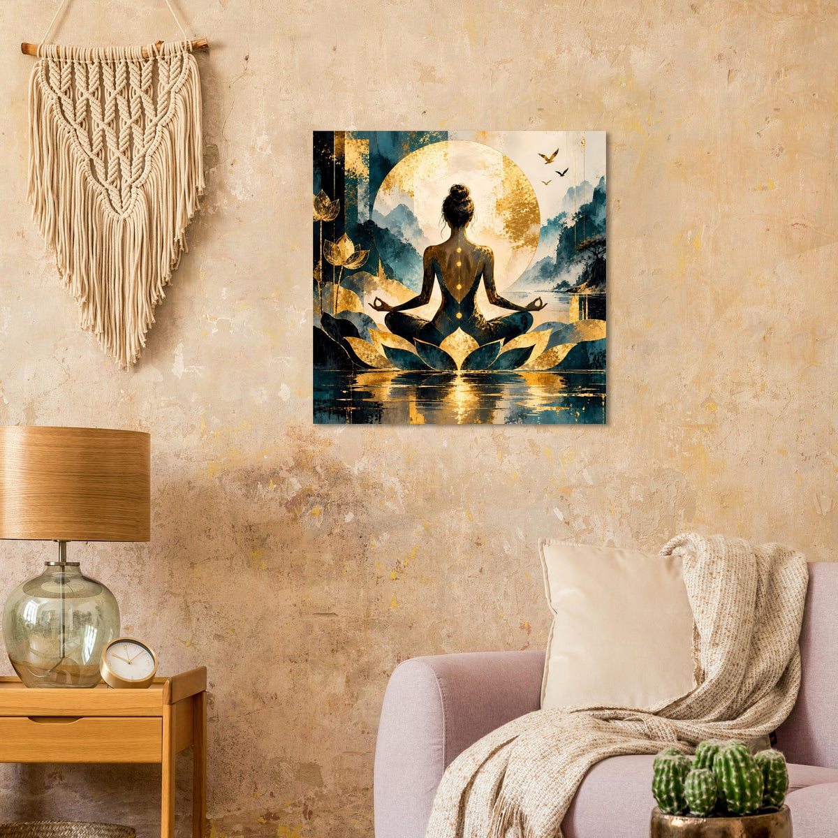 Poster mit meditierender Frau im Lotus, goldener Scheibe, blauem Wasser und Blättern