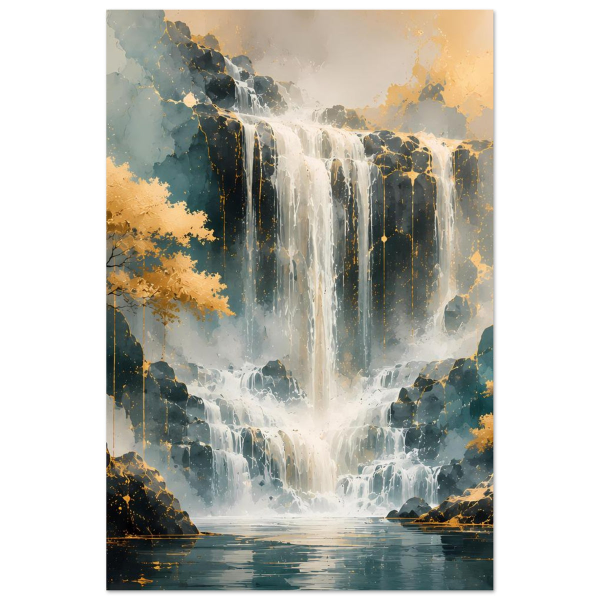 Hochkant-Poster mit Wasserfall, blauweiße Wasserfälle und goldene Lichtspritzer
