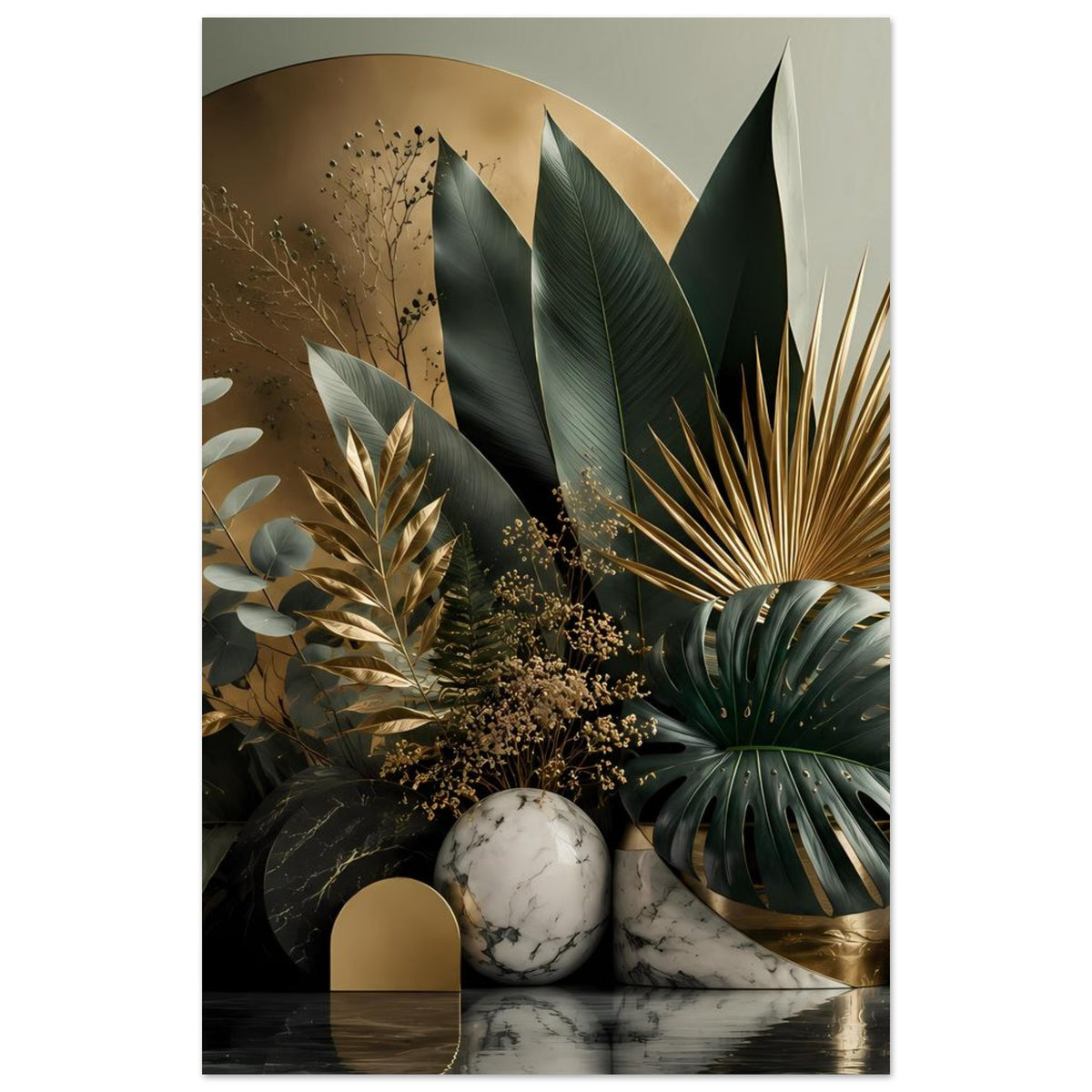 Vertikales botanisches Poster: goldener Bogen, grüne Blätter und Marmorsphäre