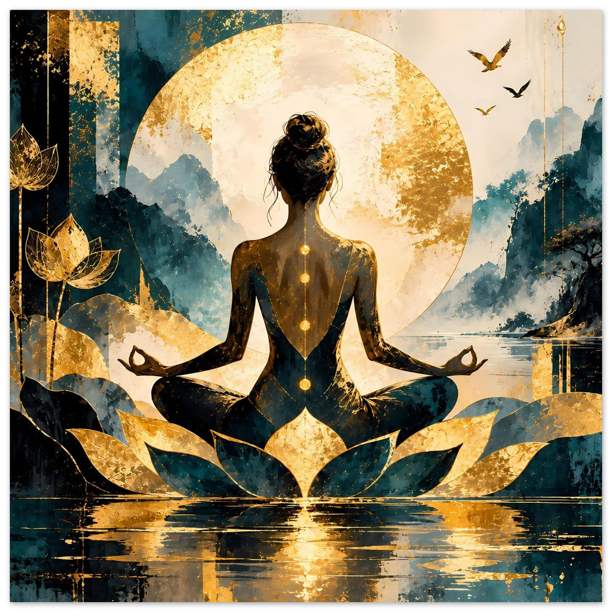 Meditatives Lotusposter mit betender Frau im Lotussitz, Lotusblüten und goldenen Akzenten links