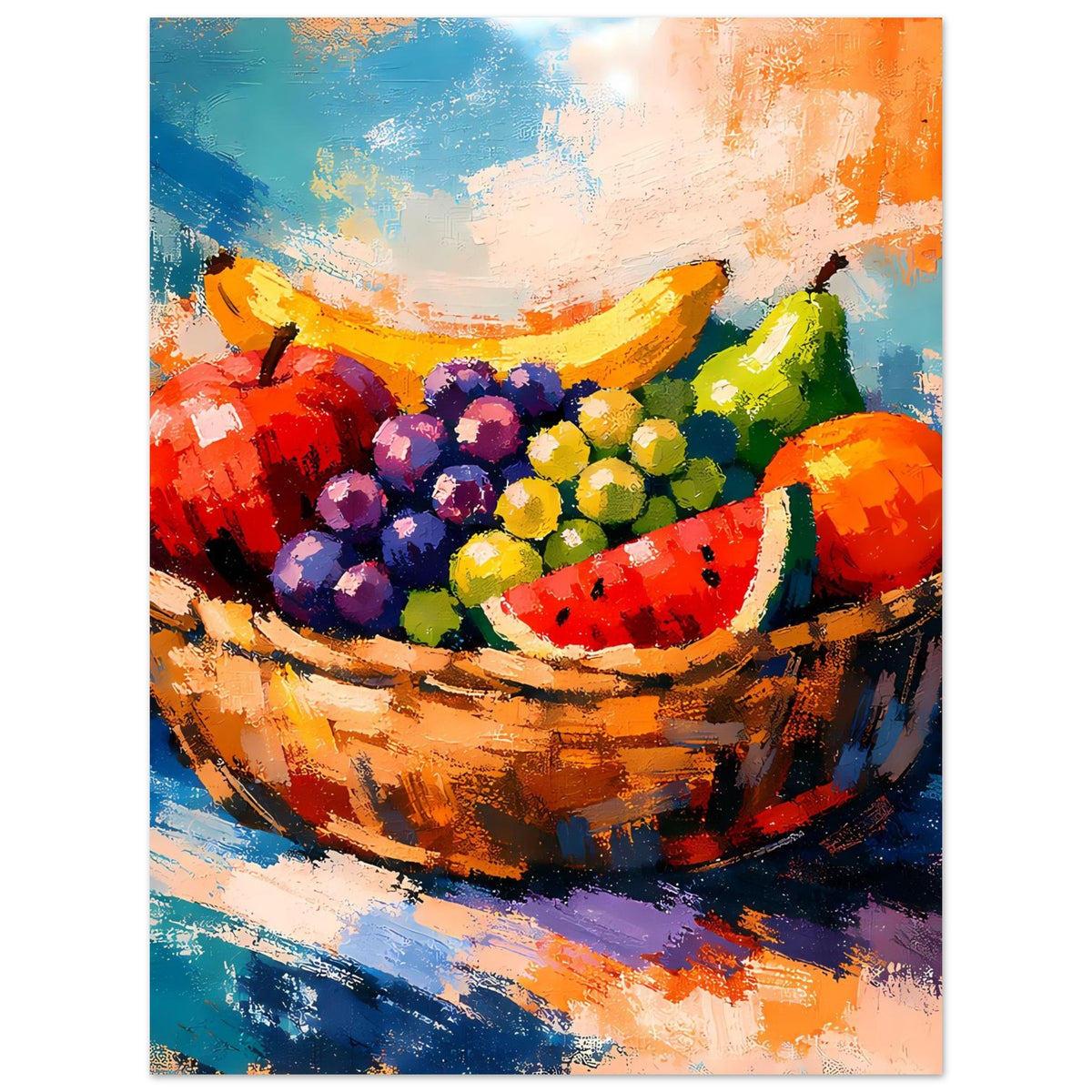 Poster mit bunter Obstschale: Trauben, Zitrus und Wassermelone im Farbkorb, expressive Pinseloptik