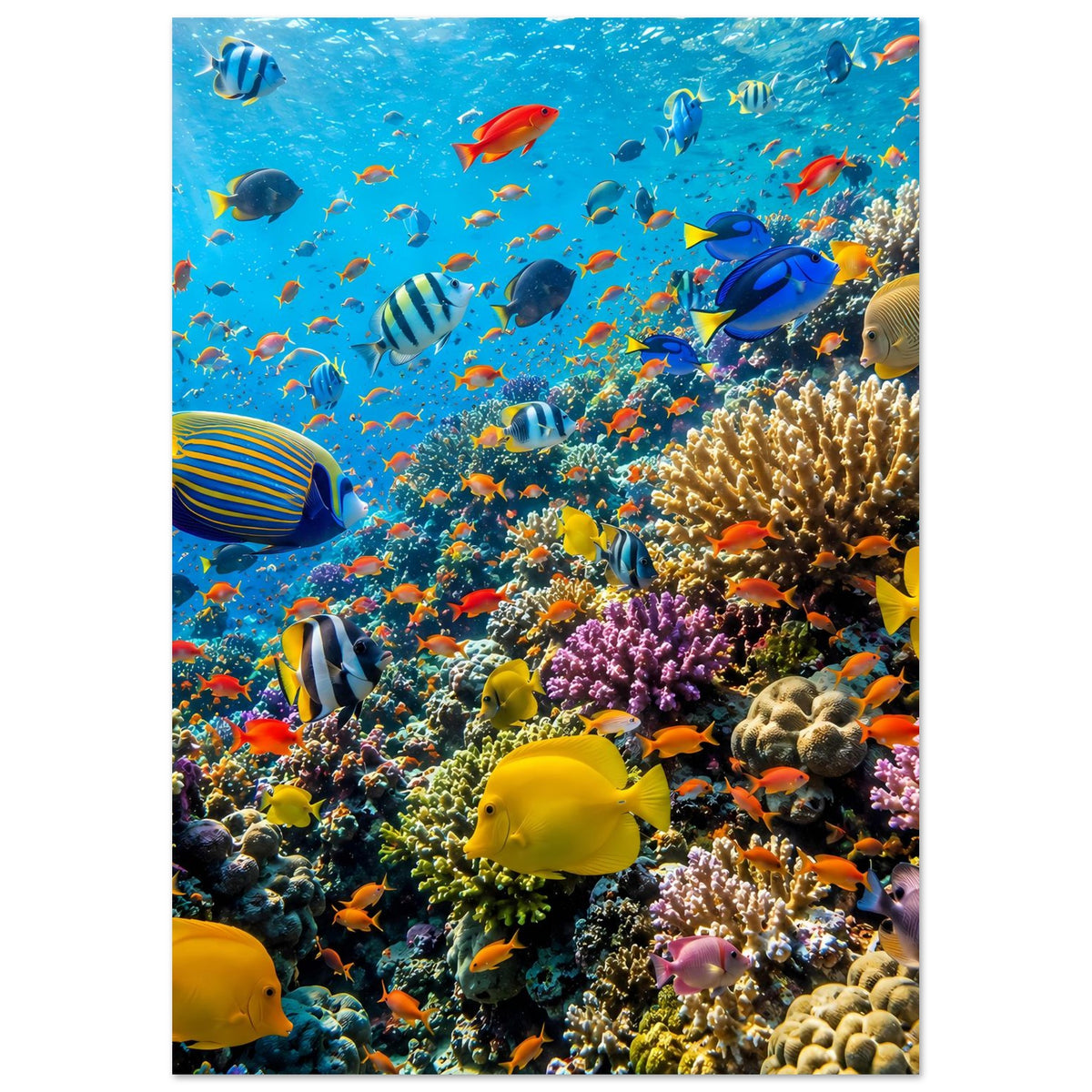 Hochkant-Plakat mit Korallenriff und bunten Fischen über Korallenbänken, matt
