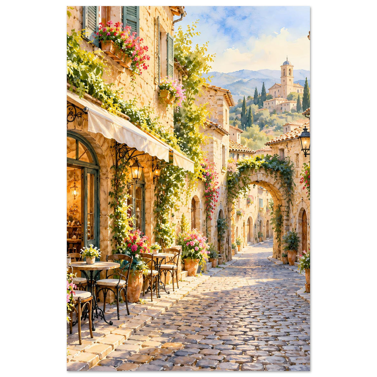 Poster einer mediterranen Gasse mit Blumenbogen und Kirche
