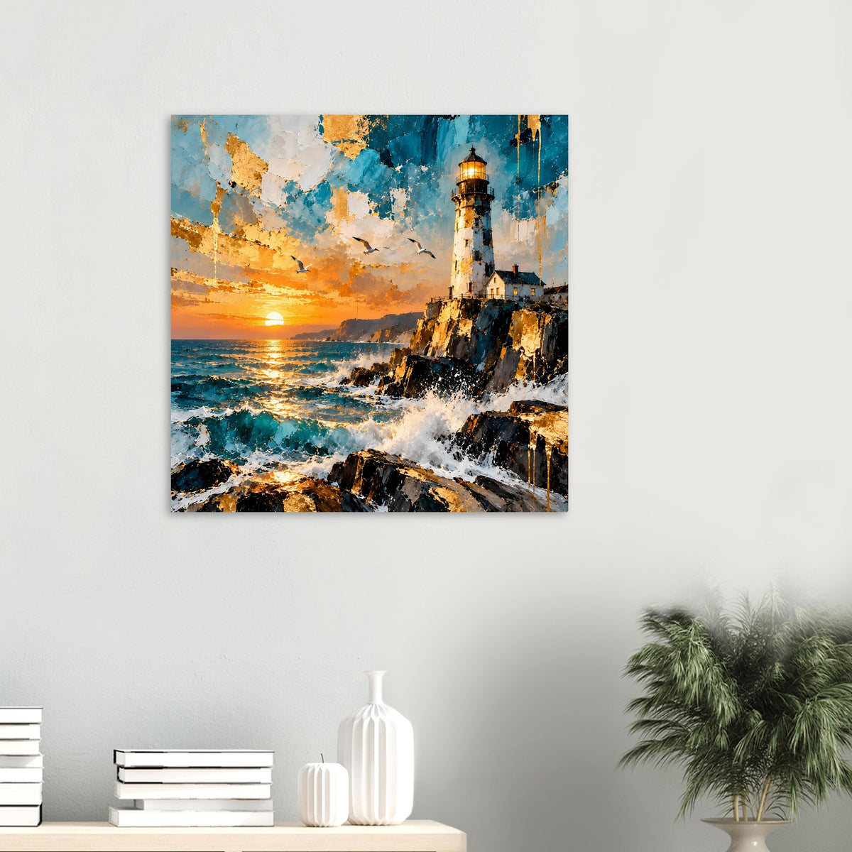 Quadratisches Poster mit Leuchtturm, Sonnenuntergang am Meer und aufschäumenden Wellen