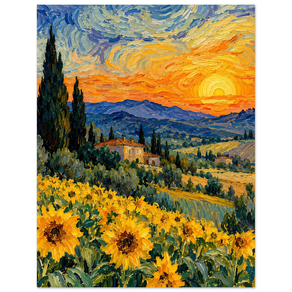 Kunstposter mit Sonnenblumen, Zypressen und Dorf am Hang bei orangefarbenem Himmel