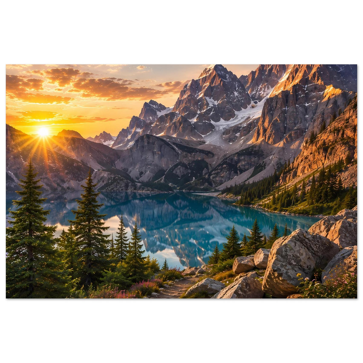 Majestätisches Berg-Sonnenaufgangs-Poster: Sonnenaufgang über Bergspitzen, Wald und See
