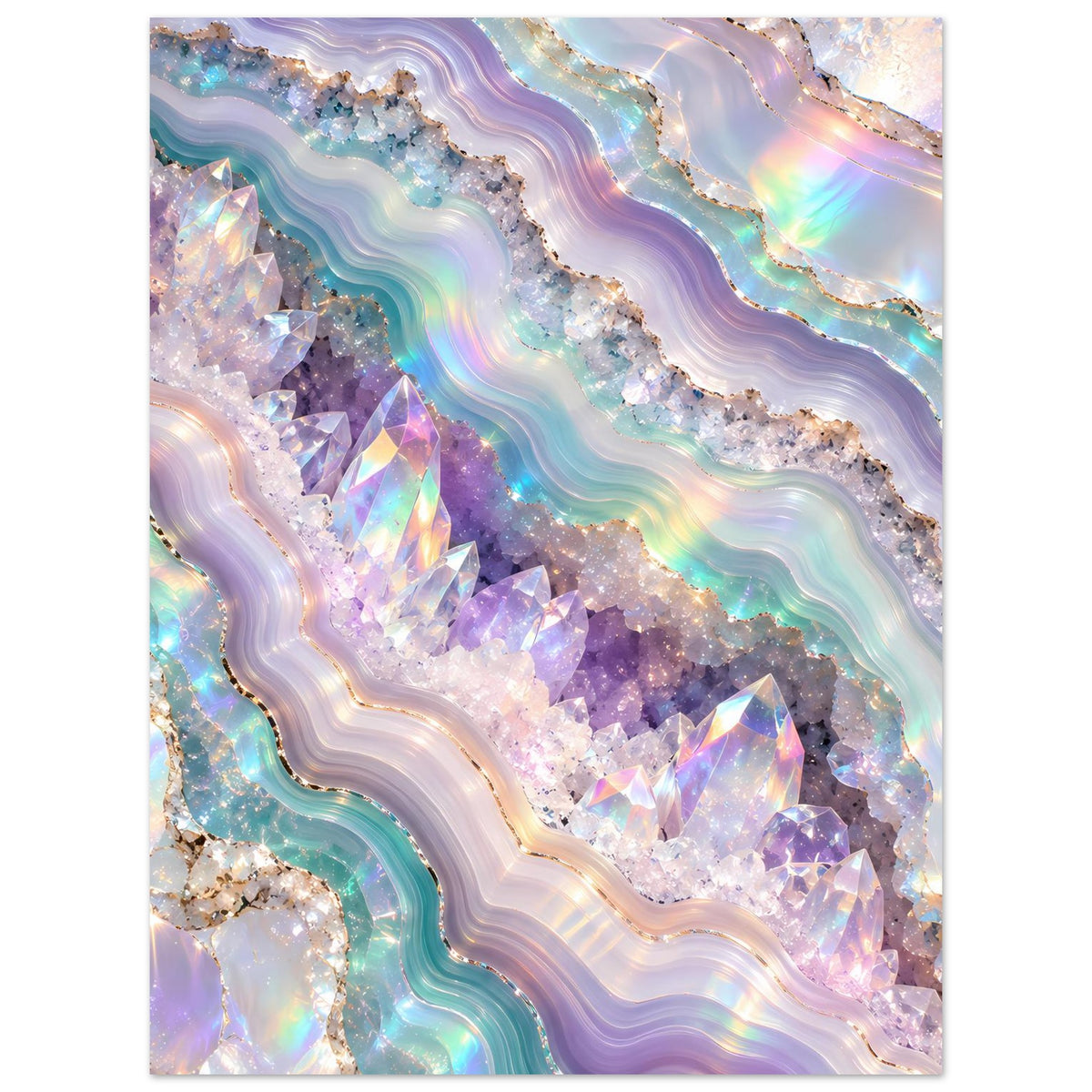 Holografisches Kristall-Geodenposter, vertikal: Amethystkristalle und funkelnde, goldene Akzente