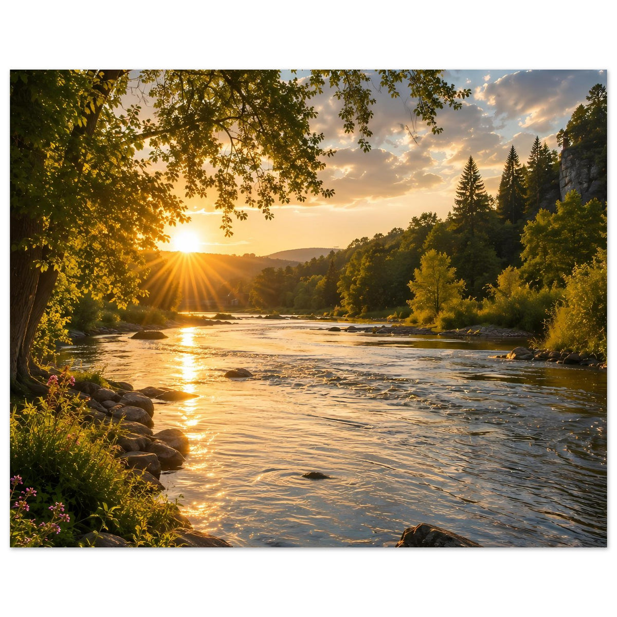 Landschaftsposter im Querformat: Fluss im Abendlicht, Sonnenstrahlen, bewaldetes Ufer und Felsen