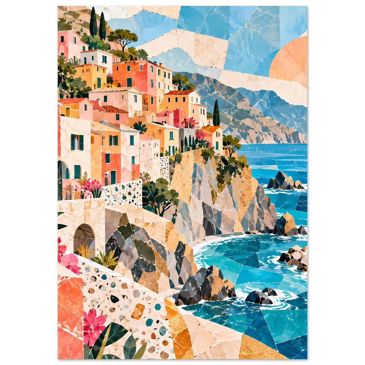Posterdruck Küstendorf am Meer im Hochformat: bunte Häuser, türkisfarbenes Wasser, Felsen