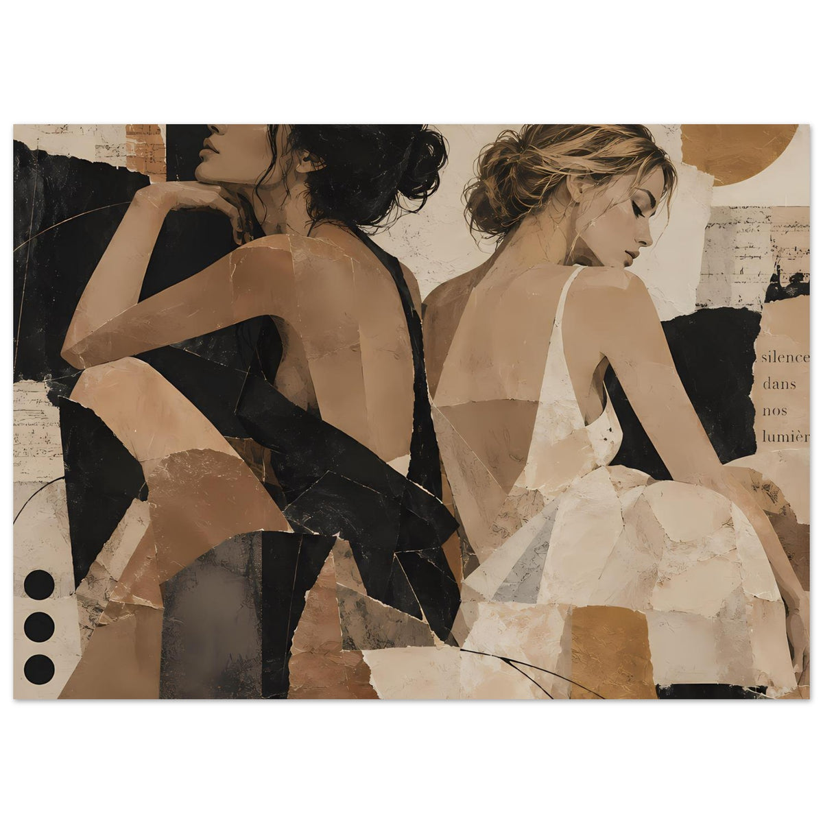 Horizontales Collage-Poster mit Frauen-Duo, schwarze und cremefarbene Figuren im Erdtönen-Mix