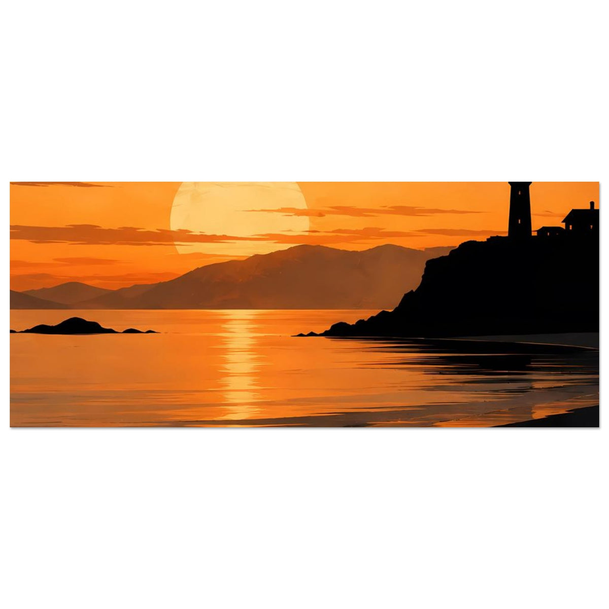 Küstenposter im Querformat, Panoramaansicht: Leuchtturm und Sonne über dem Meer