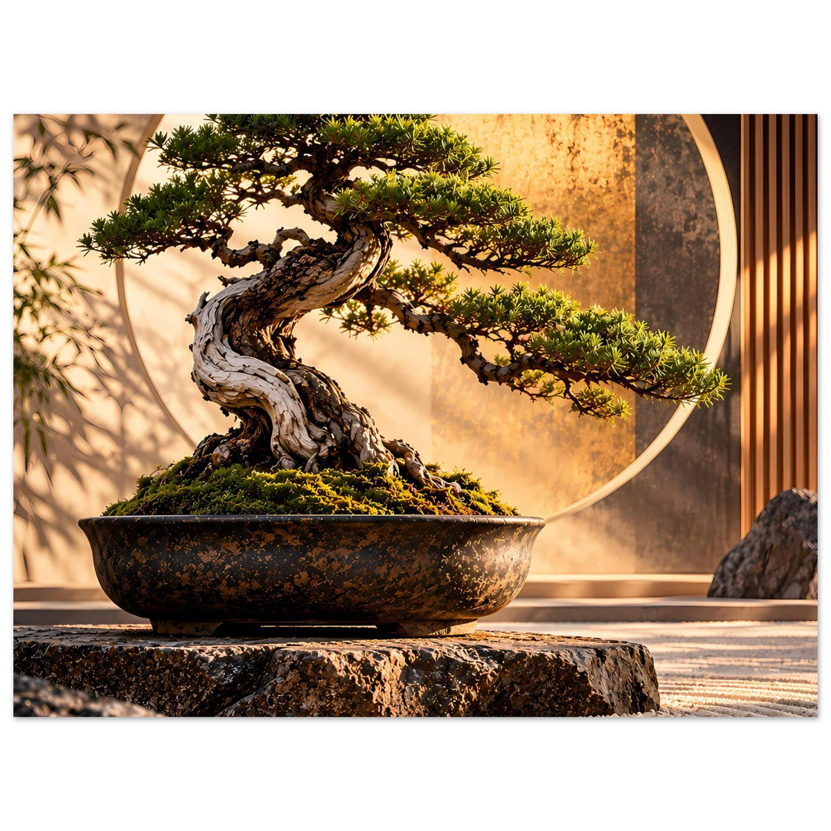 Poster mit Bonsai-Baum in Schale auf Steinplatte, goldener Kreis und vertikale Lamellen