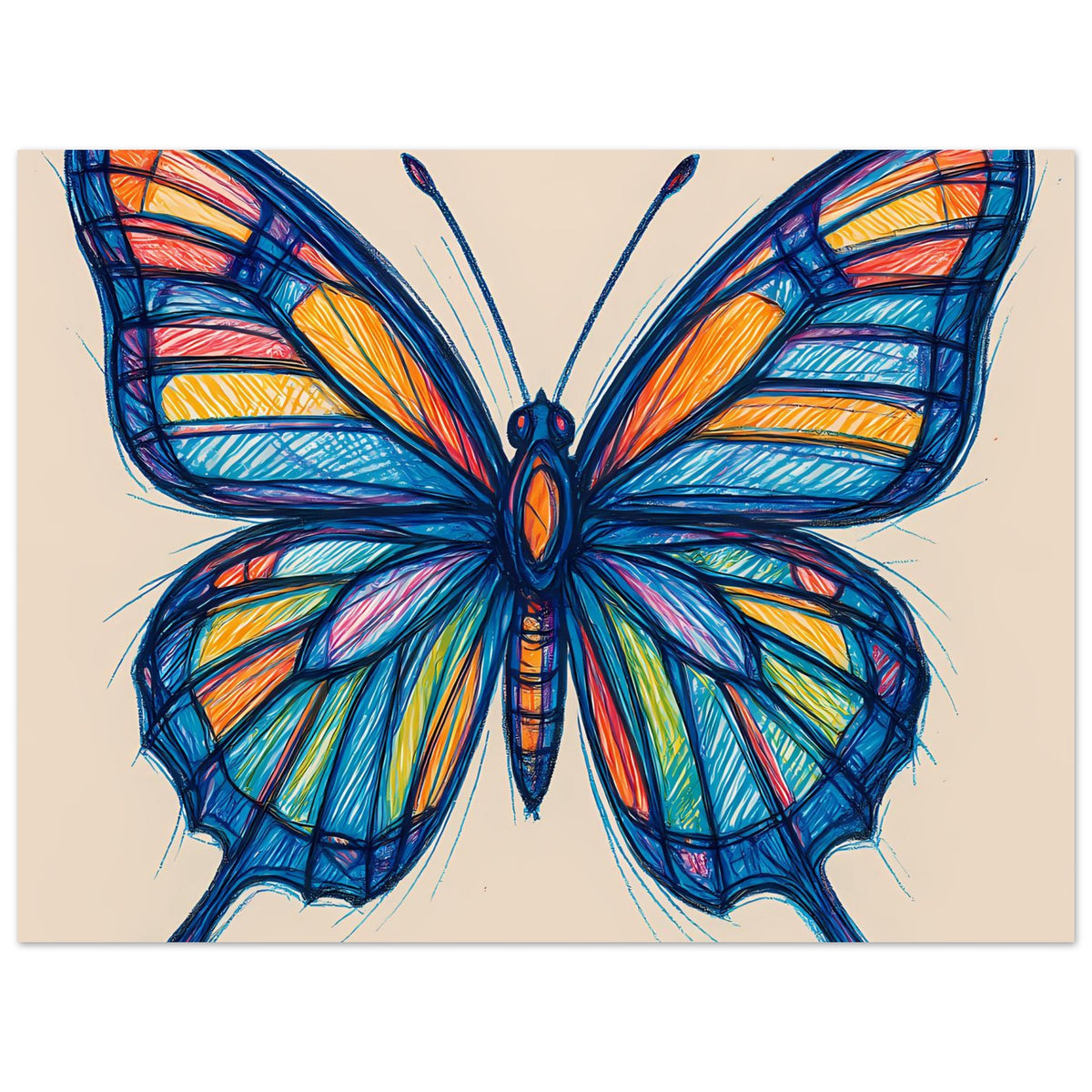 Schmetterlings-Kunstposter, querformatig, bunter Schmetterling mit blauem Flügelwerk, mittig