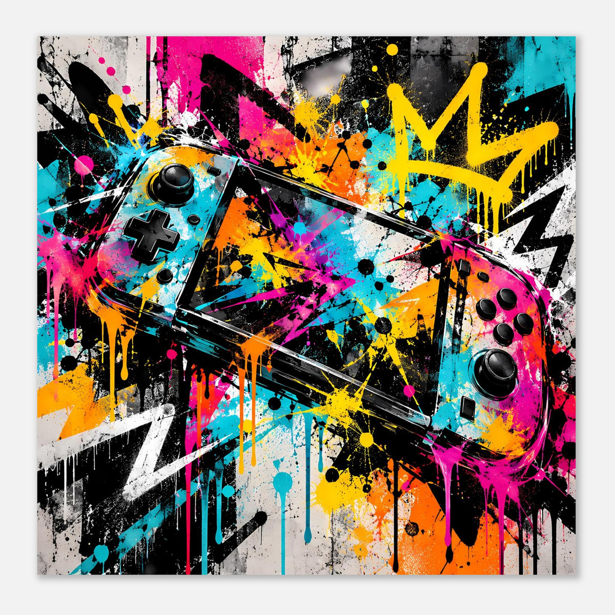 Graffiti-Gaming-Poster mit kontrastreichem Controller-Grafikdesign und bunten Farbspritzern