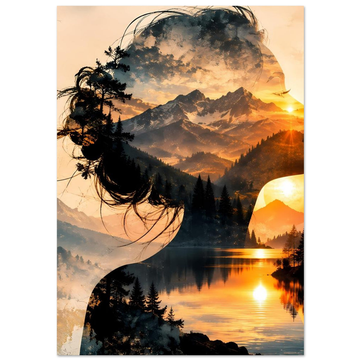 Doppelbelichtungs-Poster mit Frauensilhouette, Bergkette, Seeufer und Sonne am Horizont