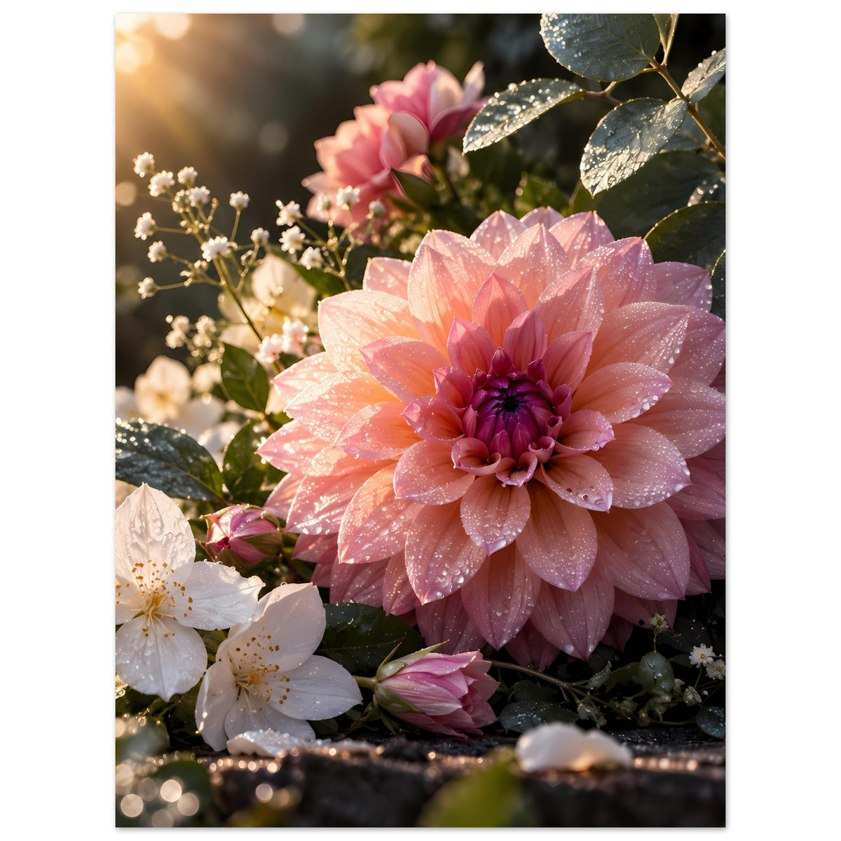 Blumenposter: rosa Blüte im Vordergrund, weiße Blüten und grüne Blätter mit Tau