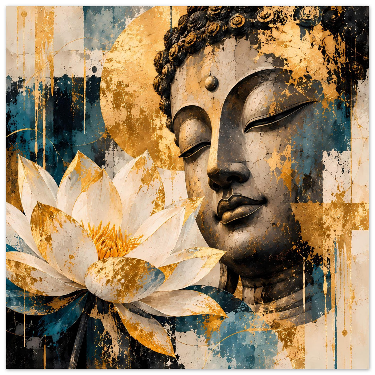 Poster mit Buddha-Profil und Lotusblüte, weiß-goldene Blüten und Teal-Hintergründe