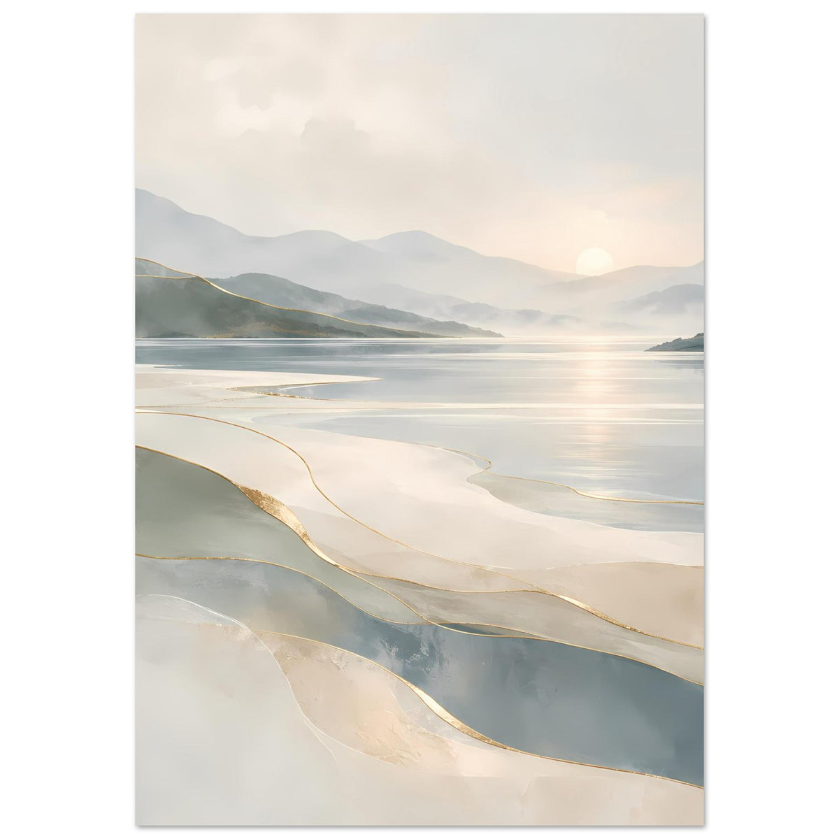 Poster (Hochformat) Küstenlandschaft in Beige und Grau mit feinen Goldakzenten