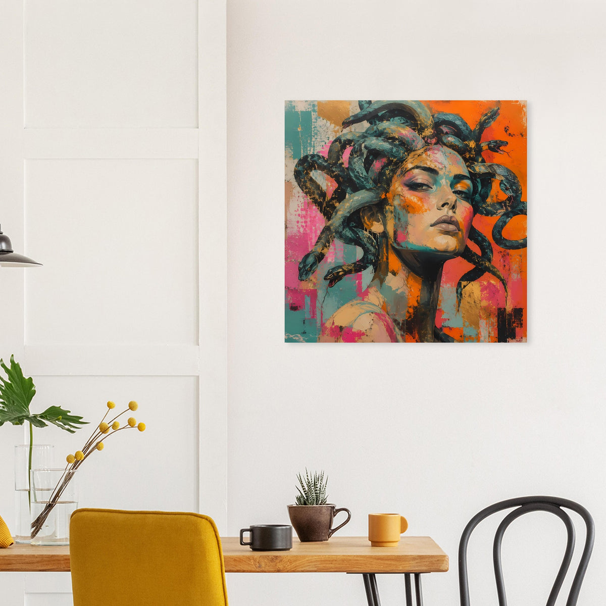Poster mit Medusa-Motiv und Schlangenhaar in kräftigen, orange-pinken Farbtönen