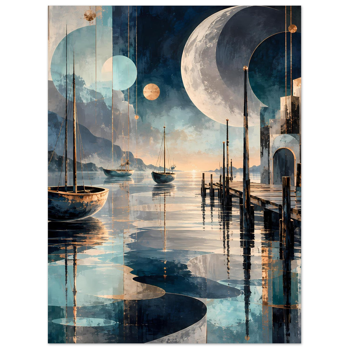 Nachtposter Hochformat mit Mond über stillem Hafen, Segelbooten und Pier im Spiegel