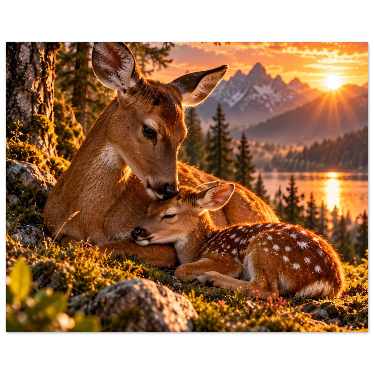 Poster: Rehbock und Rehkitz liegen im Gras bei Sonnenuntergang, Naturmotiv
