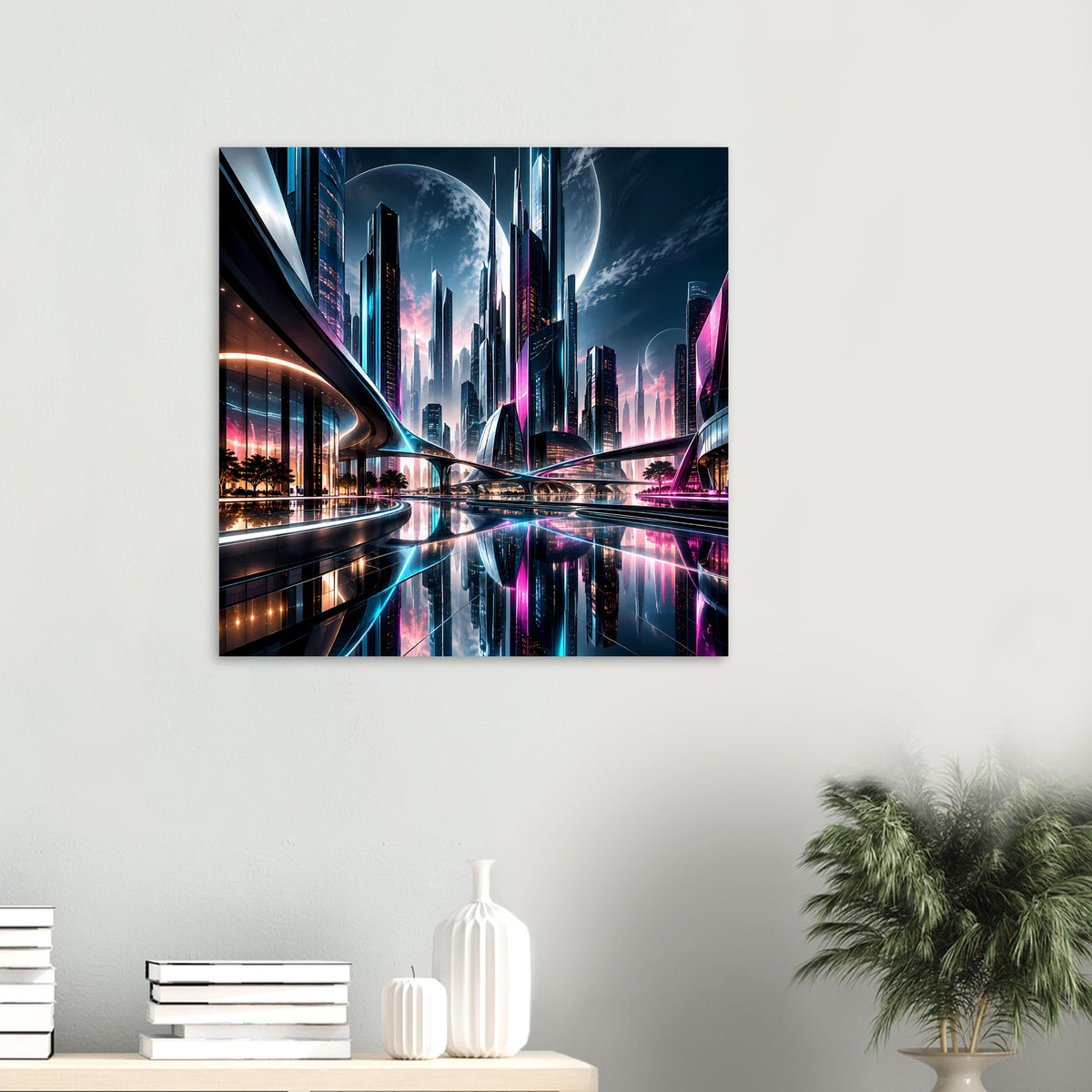Neon-Stadtposter in kleiner Größe: futuristische Skyline mit Mondsichel und Lichtreflexen